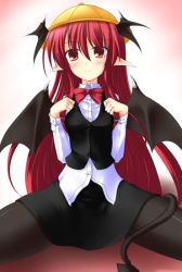 Rule 34 | 1girl, bat wings, blush, bow, bowtie, demon tail, dress, embodiment of scarlet devil, female focus, gisyo, gradient background, head wings, koakuma, pointy ears, red eyes, red hair, smile, solo, tail, touhou, white background, wings