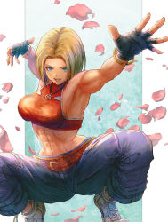Rule 34 | 1girl, :d, abs, bare shoulders, belt, blonde hair, blue eyes, blue mary, breasts, commentary request, crop top, fatal fury, fingerless gloves, full body, gloves, halterneck, highres, jewelry, looking at viewer, midriff, mitsu plus, navel, necklace, open mouth, pants, petals, rose petals, short hair, sleeveless, smile, solo, squatting, straight hair, the king of fighters, the king of fighters xv