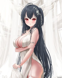 Rule 34 | 1girl, absurdres, arm under breasts, artist name, ass, azur lane, black hair, breasts, center opening, dress, elsynien, evening gown, from side, garter straps, highres, large breasts, long hair, looking at viewer, official alternate costume, red eyes, satin dress, skirt hold, sleeveless, sleeveless dress, solo, taihou (azur lane), taihou (temptation on the sea breeze) (azur lane), thighhighs, thighs, very long hair, wedding dress, white dress