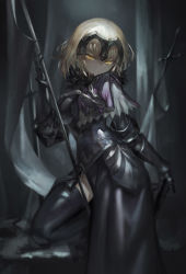 Rule 34 | 1girl, armor, azomo, black thighhighs, blonde hair, fate/grand order, fate (series), gauntlets, helmet, highres, jeanne d&#039;arc (fate), jeanne d&#039;arc alter (avenger) (fate), jeanne d&#039;arc alter (fate), kneeling, looking at viewer, polearm, revision, ruler (fate/grand order), smile, solo, spear, thighhighs, weapon, yellow eyes