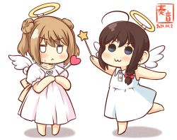 Rule 34 | :3, aged down, ahoge, blue eyes, braid, brown hair, closed mouth, collarbone, double bun, dress, fake halo, fake wings, hair bun, hair over shoulder, halo, heart, holding, holding wand, kanon (kurogane knights), kantai collection, light brown hair, michishio (kancolle), one-hour drawing challenge, puffy short sleeves, puffy sleeves, shigure (kancolle), short sleeves, single braid, sleeveless, sleeveless dress, smile, star wand, sweatdrop, wand, white dress, wings