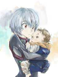 Rule 34 | 2girls, absurdres, ayanami rei, baby, blouse, blue hair, brown eyes, brown hair, evangelion: 3.0+1.0 thrice upon a time, gloves, grey background, hair between eyes, highres, holding baby, messy hair, multiple girls, neon genesis evangelion, nervous, pants, plugsuit, rebuild of evangelion, red eyes, scarf, shirt, standing, striped clothes, striped pants, surprised, teeth, upper teeth only, white background, white shirt, yellow background