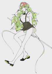 Rule 34 | 1other, bare arms, bare legs, collared shirt, colored shoe soles, floating clothes, full body, gem uniform (houseki no kuni), green eyes, green hair, heel pop, highres, holding, holding sword, holding weapon, houseki no kuni, leuvenklasse, long hair, multicolored eyes, multicolored hair, necktie, other focus, partially colored, red eyes, red hair, ribbon, shirt, shoe soles, short necktie, short sleeves, shorts, sidelocks, skort, smile, solo, streaked hair, suspender shorts, suspenders, sword, very long hair, watermelon tourmaline (houseki no kuni), weapon