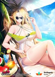 Rule 34 | 1girl, apple, bare shoulders, beach, bikini, black nails, blonde hair, breasts, choker, cleavage, colored skin, copyright name, curvy, day, drink, flower, food, fruit, glasses, green eyes, hair flower, hair ornament, huge breasts, jewelry, knee up, large breasts, long hair, looking at viewer, nail polish, navel, necklace, off shoulder, palm tree, pointy ears, ponytail, qurare magic library, sitting, smile, snowball22, solo, sunglasses, sunlight, swimsuit, thick thighs, thigh strap, thighs, tree, umbrella, watermelon, white bikini, white skin, wide hips