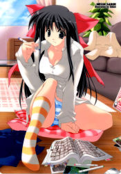 Rule 34 | 1girl, :3, black eyes, black hair, book, bow, breasts, cleavage, couch, hair bow, highres, kneehighs, long hair, messe sanoh, panties, pantyshot, rabbit, shikei, sitting, smile, socks, solo, striped clothes, striped panties, striped socks, stuffed animal, stuffed rabbit, stuffed toy, underwear
