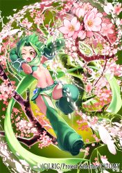 Rule 34 | 10s, 1girl, ;o, ario, belt, boxing gloves, breasts, character request, cherry blossoms, flower, garter straps, gloves, green footwear, green gloves, green hair, green thighhighs, hair intakes, midoriko (wixoss), midriff, mittens, navel, official art, one eye closed, open mouth, shoes, short hair, short shorts, shorts, solo, thighhighs, underboob, watermark, wixoss, yellow eyes