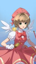 Rule 34 | 1girl, absurdres, blue background, bow, breasts, cardcaptor sakura, gloves, green eyes, hengxing v, highres, kero (cardcaptor sakura), kinomoto sakura, magical girl, open mouth, red bow, simple background, white gloves, wings