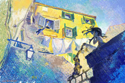 Rule 34 | 1boy, 1girl, black hair, breasts, brown hair, building, clothesline, day, eye contact, hat, hat ribbon, lantern, looking at another, open window shutter, original, outdoors, ribbon, shirt, short sleeves, small breasts, sunlight, town, umishima senbon, white shirt, window, window shutter