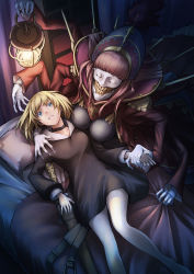 Rule 34 | 2girls, bed, bed sheet, black dress, blonde hair, blue eyes, brown hair, choker, clenched teeth, collarbone, creepy, curtains, dress, epaulettes, extra arms, highres, holding, holding hands, horror (theme), lantern, long hair, lying, multiple girls, noraico, on bed, original, pillow, sheath, sheathed, sheet grab, sword, teeth, weapon, window