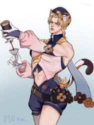 Rule 34 | 1boy, animal ears, bare shoulders, beret, blonde hair, cat boy, cat ears, cat tail, character name, closed mouth, cosplay, crossover, cup, dio brando, diona (genshin impact), diona (genshin impact) (cosplay), drink, ear birthmark, genshin impact, gloves, hair ornament, hat, highres, holding, holding cup, jojo no kimyou na bouken, male focus, minggiijwinjsj, name connection, navel, pink sleeves, purple hat, purple shorts, short hair, shorts, simple background, solo, tail, white gloves, yellow eyes
