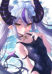 Rule 34 | 1girl, arm behind back, bare shoulders, black choker, blue one-piece swimsuit, blush, breasts, choker, cloud, cloudy sky, commentary request, demon horns, eyes visible through hair, finger to mouth, hair between eyes, hand up, highres, hololive, horns, la+ darknesss, long hair, looking at viewer, maid headdress, misekiss, multicolored hair, ocean, one-piece swimsuit, outdoors, pointy ears, purple hair, school swimsuit, silver hair, sky, small breasts, solo, streaked hair, swimsuit, upper body, virtual youtuber, yellow eyes