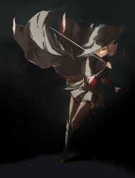 Rule 34 | 1girl, absurdres, azur lane, black background, black cape, black footwear, black headwear, black skirt, boots, braid, brown thighhighs, cape, cross-laced footwear, dynamic pose, full body, hair over one eye, highres, holding, holding sword, holding weapon, knee boots, leather belt, long sleeves, miniskirt, official alternate costume, rapier, sheffield (azur lane), sheffield (bulletborne) (azur lane), simple background, skirt, solo, standing, standing on one leg, sword, thighhighs, triangular headpiece, weapon, yatarime, yellow eyes