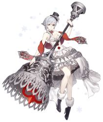 Rule 34 | 1girl, ankle boots, asymmetrical bangs, bare shoulders, bell, boots, bracelet, breasts, choker, dress, flower, frilled dress, frills, full body, fur trim, grey eyes, hat, high heel boots, high heels, jewelry, ji no, medium breasts, official art, rose, scarf, sinoalice, snow white (sinoalice), snowflakes, solo, top hat, transparent background, white dress, white hair