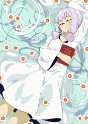 Rule 34 | 1girl, absurdres, ahoge, book, closed mouth, dress, closed eyes, flower, from above, glasses, hair spread out, highres, holding, holding book, long dress, long hair, long sleeves, lying, partially submerged, ripples, round eyewear, sidelocks, smile, soles, solo, tomato (lsj44867), very long hair, vocaloid, vocanese, water, white dress, white flower, xingchen