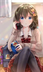 Rule 34 | 1girl, bag, bag charm, black pantyhose, blue eyes, bow, bowtie, brand name imitation, brown cardigan, brown hair, cardigan, carton, charm (object), commentary request, curtains, day, drinking straw, feet out of frame, fingernails, hair between eyes, hair bow, hand up, headphones, headphones around neck, highres, holding, holding headphones, indoors, iroha (shiki), lipton, long hair, long sleeves, on floor, orange bow, original, pantyhose, plaid, plaid bow, plaid bowtie, plaid neckwear, plaid skirt, pleated skirt, red bow, red bowtie, red skirt, school bag, school uniform, sitting, skirt, sleeves past wrists, solo, sunlight, transparent, window, wooden floor