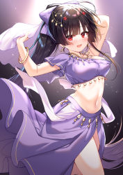 Rule 34 | 1girl, :d, absurdres, agano (azur lane), ahoge, arms up, azur lane, bangle, bead necklace, beads, black hair, bow, bracelet, breasts, commission, crop top, dancer, earrings, hair bow, hair ornament, harem outfit, hecha (01964237), highres, hoop earrings, jewelry, large breasts, long hair, looking at viewer, midriff, multicolored hair, navel, necklace, open mouth, pixiv commission, ponytail, purple shirt, purple skirt, red eyes, shirt, side slit, skirt, smile, solo, standing, stomach, streaked hair, thighs, veil