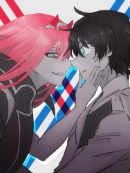 Rule 34 | 10s, 1boy, 1girl, black hair, couple, darling in the franxx, face-to-face, green eyes, hand on another&#039;s face, hiro (darling in the franxx), horns, long hair, looking at another, military, military uniform, oni horns, pink hair, short hair, temaroppu (ppp 10cc), uniform, zero two (darling in the franxx)