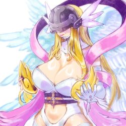 Rule 34 | 1girl, angel, angel wings, angewomon, armor, asymmetrical clothes, bare shoulders, belt, blonde hair, bodysuit, breastplate, breasts, cleavage, closed mouth, clothing cutout, commentary request, covered eyes, cowboy shot, digimon, digimon (creature), elbow gloves, feathered wings, gerusyu, gloves, hagoromo, helmet, helmet over eyes, highres, large breasts, long hair, multiple wings, nail polish, navel, navel cutout, o-ring, o-ring belt, pink ribbon, ribbon, shawl, simple background, single elbow glove, skindentation, smile, solo, stomach, stomach cutout, tongue, tongue out, unworn armor, white background, white bodysuit, white gloves, white wings, winged helmet, wings