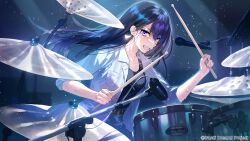 Rule 34 | 1girl, bang dream!, bang dream! it&#039;s mygo!!!!!, belt, black hair, black shirt, breast pocket, breasts, brown belt, clenched teeth, comeo (komeo15), copyright notice, drumsticks, earrings, floating hair, guest art, hair between eyes, highres, holding, holding drumsticks, jacket, jewelry, light particles, long hair, medium breasts, mole, mole under eye, official art, open clothes, open jacket, open mouth, playing drum, pocket, purple eyes, shiina taki, shirt, sleeves past elbows, solo, sweat, teeth, white jacket