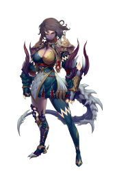 Rule 34 | 1girl, armor, asymmetrical legwear, breast cutout, breasts, brown hair, choi eun suk, cleavage, clenched hand, closed mouth, dragon, dragon tail, full body, gauntlets, glowing, glowing armor, greaves, highres, large breasts, looking at viewer, mismatched legwear, original, pauldrons, red eyes, short hair, shoulder armor, simple background, skirt, solo, standing, tail, turtleneck, white background