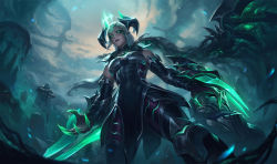 Rule 34 | 1girl, bare shoulders, blurry, blurry background, claws, cloud, crown, detached collar, detached sleeves, dragon, dragon girl, dragon horns, dragon tail, glint, glowing, green eyes, highres, horns, jeremy anninos, knight, league of legends, legs apart, long hair, looking at viewer, looking down, official alternate costume, official art, outdoors, pointy ears, ruined shyvana, scales, shadow, shyvana, slit pupils, solo, standing, tail, white hair