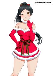 Rule 34 | 1girl, absurdres, bare shoulders, black hair, blowing kiss, blush, box wonderland, breasts, cleavage, dress, elbow gloves, fur-trimmed gloves, fur collar, fur trim, gloves, hand on own hip, hazuki ren, high ponytail, highres, long hair, looking at viewer, love live!, love live! superstar!!, medium breasts, one eye closed, parted bangs, parted lips, ponytail, red gloves, ribbon, santa costume, santa dress, simple background, sleeveless, sleeveless dress, solo, standing, strapless, strapless dress, thighs, two-tone ribbon, white background, yellow eyes