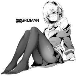 Rule 34 | 10s, 1girl, absurdres, black pantyhose, bow, breasts, collared shirt, feet, glasses, greyscale, gridman universe, headphones, highres, jacket, large breasts, light purple hair, long sleeves, masabodo, monochrome, no shoes, off shoulder, pantyhose, school uniform, shinjou akane, shirt, short hair, simple background, skirt, smile, solo, ssss.gridman, white background