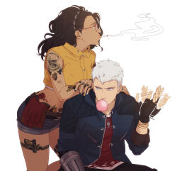 Rule 34 | 1boy, 1girl, afterimage, arm tattoo, belt, black hair, black nails, blue eyes, blue jacket, blue shorts, brown belt, blowing bubbles, cigarette, commentary, cropped vest, dark-skinned female, dark skin, devil may cry (series), devil may cry 5, english commentary, finger tattoo, fingerless gloves, gloves, hand tattoo, hanpetos, hip tattoo, jacket, leaning on person, leg tattoo, long hair, midriff, motion lines, multicolored nails, nero (devil may cry), nico (devil may cry), pubic tattoo, short shorts, shorts, shoulder tattoo, smoke, smoking, tattoo, vest, white hair, white nails