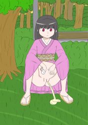 Rule 34 | 1girl, absurdres, black hair, breasts, bush, flip-flops, forest, grass, highres, holding, japanese clothes, kimono, long hair, long sleeves, looking down, nature, navel, nipples, no panties, peeing, pole, puddle, purple kimono, pussy, red eyes, sandals, sky, small breasts, squatting, sunset, tissue, tree, uncensored