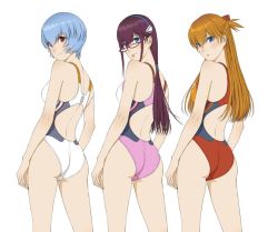 Rule 34 | 3girls, :p, adapted costume, ass, ayanami rei, bare arms, bare legs, bare shoulders, blue eyes, blue hair, blush, brown hair, competition swimsuit, cowboy shot, female focus, from behind, long hair, looking at viewer, looking back, makinami mari illustrious, multiple girls, neon genesis evangelion, one-piece swimsuit, parted lips, plugsuit, purple-framed eyewear, purple hair, rebuild of evangelion, red eyes, short hair, simple background, smile, souryuu asuka langley, swimsuit, tongue, tongue out, watanabe yasuaki, white background