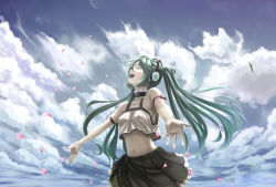 Rule 34 | 1girl, aqua hair, bare shoulders, cherry blossoms, closed eyes, cloud, day, happy, hatsune miku, headphones, long hair, midriff, music, navel, open mouth, outstretched arms, outstretched hand, petals, shiokonbu, singing, skirt, sky, smile, solo, twintails, very long hair, vocaloid
