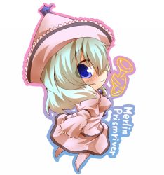 Rule 34 | 1girl, blue eyes, blue hair, breasts, character name, chibi, dress, female focus, full body, hat, instrument, kuromiya, large breasts, matching hair/eyes, merlin prismriver, smile, solo, touhou, trumpet, white background