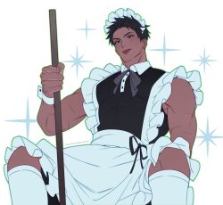 Rule 34 | 1boy, :p, apron, bara, bare shoulders, crossdressing, feet out of frame, highres, light blush, maid, maid apron, maid headdress, male focus, male maid, multiple scars, muscular, muscular male, original, scar, solo, spread legs, star (symbol), starry background, thick eyebrows, tongue, tongue out, yotti