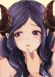 Rule 34 | 1girl, nanashi inc., blush, close-up, dc24v, demon girl, demon horns, hand on another&#039;s chin, honey strap, horns, long hair, looking to the side, mole, mole under mouth, open mouth, pointy ears, pov, pov hands, purple eyes, purple hair, saionji mary, solo focus, teeth, upper teeth only, virtual youtuber