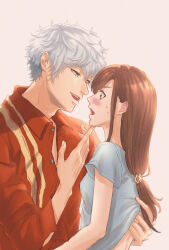 Rule 34 | 1boy, 1girl, absurdres, asahina yui, blush, brown eyes, brown hair, clothes lift, eye contact, grey hair, grey shirt, hair ornament, hand on another&#039;s chin, hetero, highres, ichinose ginga, la corda d&#039;oro starlight orchestra, long hair, looking at another, open mouth, partially unbuttoned, red shirt, shiratama (srtm gy), shirt, shirt lift, short hair, short sleeves, simple background, sweatdrop, yellow eyes