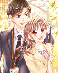 Rule 34 | 1boy, 1girl, :d, brown hair, copyright request, flower, folder, formal, hetero, highres, holding, holding folder, houndstooth background, id card, lanyard, long sleeves, necktie, open mouth, red eyes, smile, striped necktie, suit, timakosui, upper body