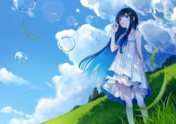 Rule 34 | 1girl, absurdres, aqua hair, arm behind back, armpit crease, black hair, blue eyes, blue gemstone, blue hair, blue sky, blurry, blurry foreground, brooch, bubble, blowing bubbles, bubble pipe, buttons, cevio, cloud, cloudy sky, collared dress, colored inner hair, commentary request, copyright name, day, dress, feet out of frame, floating hair, frilled dress, frills, futaba minato, gem, grass, hair ornament, hairclip, hand up, highres, hill, hitoba, holding, jewelry, long hair, looking ahead, multicolored hair, official art, outdoors, second-party source, sidelocks, sky, sleeveless, sleeveless dress, soap bubbles, solo, standing, tree, two-tone hair, white dress, wind