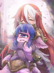 Rule 34 | 2girls, animal ears, bags under eyes, blue eyes, blue hair, blunt bangs, blurry, blurry background, brown capelet, brown headwear, brown shirt, capelet, claws, closed eyes, commentary request, cowboy shot, crying, cyclops, day, falling petals, furry, hand on another&#039;s arm, hand up, hat, hidarikata, highres, hug, hug from behind, light beam, long hair, made in abyss, multicolored eyes, multicolored hair, multiple girls, one-eyed, open mouth, outdoors, pakkoyan, petals, purple eyes, purple fur, red hair, shirt, short hair, sidelocks, streaked hair, tearing up, tears, very long hair, vueko, white hair