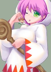 Rule 34 | 1girl, bartz klauser, breasts, chibi, final fantasy, final fantasy v, highres, hood, hoodie, large breasts, lenna charlotte tycoon, lifting another&#039;s clothes, mini person, miniboy, one eye closed, pink hair, short hair, staff, tongue, tongue out, white hood, white hoodie, white mage (final fantasy)