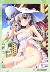 Rule 34 | 1girl, :p, absurdres, blue eyes, blush, breasts, clothes lift, covered erect nipples, day, dress, dress lift, grey hair, hand on headwear, hat, highres, medium breasts, navel, one side up, outdoors, ozawa yuu, panties, panties around leg, scan, see-through, sitting, solo, strap slip, sun hat, sundress, sweat, tan, tanline, tongue, tongue out, underwear, white dress, white panties