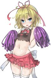 Rule 34 | 1girl, :d, bare shoulders, blonde hair, blue eyes, blush, breasts, cheerleader, crop top, greatmosu, groin, hair ribbon, heart, highres, md5 mismatch, medicine melancholy, midriff, navel, nose blush, open mouth, pom pom (cheerleading), resized, resolution mismatch, ribbon, short hair, simple background, skirt, small breasts, smile, solo, source larger, sweatdrop, symbol-shaped pupils, thighhighs, touhou, white background, white thighhighs