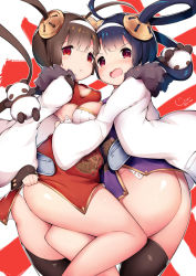 Rule 34 | 2girls, :o, ahoge, ass, asymmetrical legwear, azur lane, black legwear, blue hair, blush, breasts, brown hair, china dress, chinese clothes, cisyo, commentary request, covered erect nipples, dress, fang, fur-trimmed jacket, fur trim, hair rings, hairband, hairpods, highres, jacket, large breasts, long sleeves, looking at viewer, multiple girls, ning hai (azur lane), open clothes, open jacket, open mouth, panties, parted lips, ping hai (azur lane), puffy long sleeves, puffy sleeves, purple dress, red dress, red eyes, signature, single thighhigh, sleeves past wrists, small breasts, stuffed animal, stuffed panda, stuffed toy, sweat, thighhighs, twintails, twitter username, underwear, uneven legwear, v-shaped eyebrows, wavy mouth, white hairband, white jacket, white panties