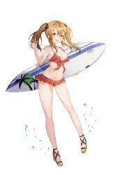 Rule 34 | 1girl, absurdres, bikini, blush, breasts, brown hair, cleavage, duino, frills, full body, girls&#039; frontline, hair ornament, hairclip, highres, holding, holding behind back, long hair, scar, scar across eye, scar on face, simple background, smile, solo, surfboard, swimsuit, transparent background, twintails, ump9 (girls&#039; frontline), water drop, waving, white background