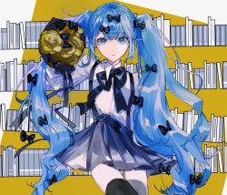 Rule 34 | 1girl, black bow, black thighhighs, blue eyes, blue hair, bouquet, bow, collared shirt, commentary request, dress shirt, flower, grey skirt, hair between eyes, hair bow, hatsune miku, holding, holding bouquet, juu ame, long hair, long sleeves, looking at viewer, parted lips, pleated skirt, rose, shirt, skirt, solo, suspender skirt, suspenders, thighhighs, twintails, very long hair, vocaloid, white shirt, yellow flower, yellow rose