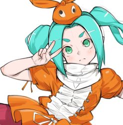 Rule 34 | 1girl, aioi u, aqua eyes, aqua pupils, blue hair, closed mouth, frown, googly eyes, hair intakes, hand up, monogatari (series), object on head, ononoki yotsugi, puffy short sleeves, puffy sleeves, short sleeves, simple background, solo, split mouth, twintails, upper body, v, v-shaped eyebrows, white background