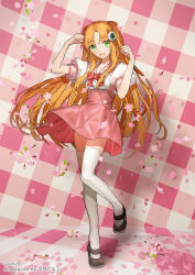Rule 34 | 1girl, amiami (company), amico, black footwear, breasts, clenched hands, flower, full body, green eyes, hair ornament, highres, long hair, looking at viewer, mary janes, official art, open mouth, orange hair, petals, pink flower, pink skirt, puffy short sleeves, puffy sleeves, shirt, shoes, short sleeves, simple background, skirt, small breasts, solo, standing, suspender skirt, suspenders, thighhighs, two side up, very long hair, wada arco, white shirt, white thighhighs