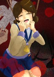 Rule 34 | 1girl, artist request, blood, blood splatter, breasts, brown eyes, brown hair, corpse party, curly hair, drooling, gradient background, hair ornament, hairclip, long hair, one eye closed, open mouth, rope, saliva, school uniform, shinohara seiko, spoilers, tears, tongue, tongue out