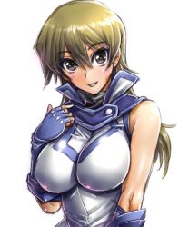 Rule 34 | 1girl, amania orz, bare shoulders, blonde hair, breasts, brown eyes, fingerless gloves, gloves, impossible clothes, large breasts, long hair, looking at viewer, school uniform, shiny clothes, shiny skin, solo, tenjouin asuka, white background, yu-gi-oh!, yu-gi-oh! gx
