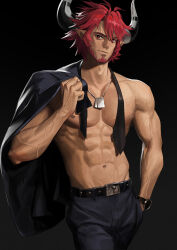 Rule 34 | 1boy, abs, arknights, bara, black background, clothes on shoulders, cow horns, facial hair, hand in pocket, highres, holding, holding clothes, horns, humus (arknights), jewelry, looking at viewer, male focus, necklace, necktie, pectorals, pointy ears, red eyes, red hair, solo, topless male, ttk (kirinottk), undone necktie, veins, watch, wristwatch