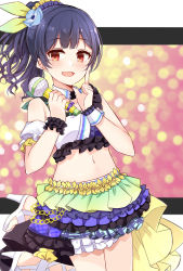 Rule 34 | 1girl, absurdres, amidada, bare shoulders, blue hair, blush, cowboy shot, crop top, flower, frilled skirt, frills, hair flower, hair ornament, hair scrunchie, high heels, highres, holding, holding microphone, idol, idol clothes, idolmaster, idolmaster shiny colors, looking at viewer, medium hair, microphone, midriff, morino rinze, navel, open mouth, ponytail, red eyes, scrunchie, skirt, sleeveless, smile, solo, standing, wrist cuffs